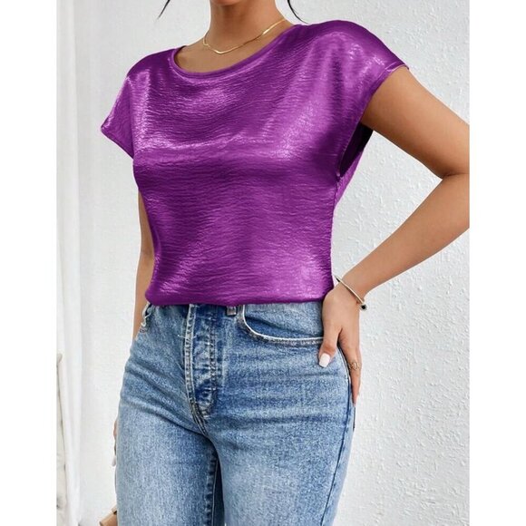 Shiny Purple Satin Blouse Womens Short Sleeve Round Neck Casual Top - Picture 2 of 5